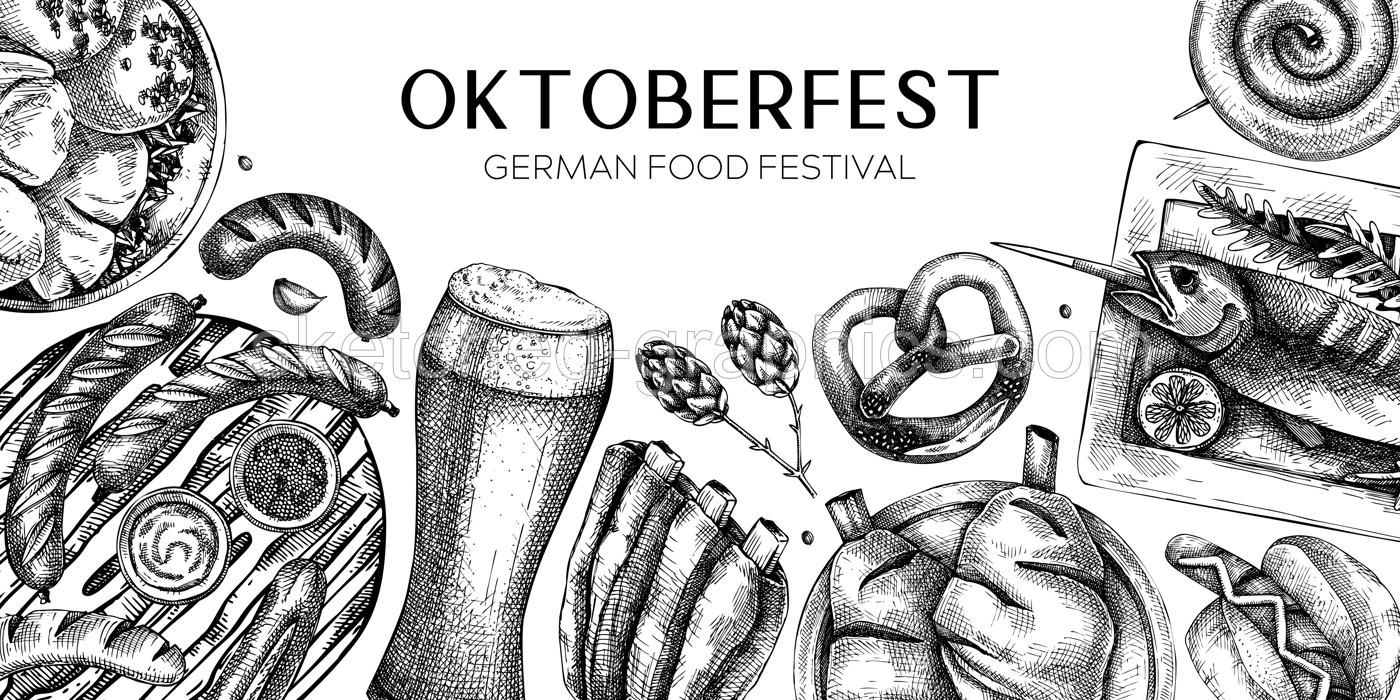 German food background. Oktoberfest menu design. Vector meat dishes sketches. German cuisine banner in vintage style. Traditional Food festival illustration. Black and white template Illustration